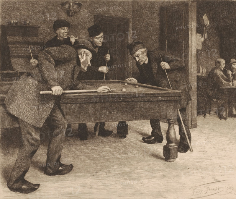 Men playing billiards in a café, print, workshop stamp: 'Antwerpsche Etsers 1880', printmaker: Frans Proost (signed by artist), 1889, paper, etching, drypoint, intaglio printmaking technique, height 237 mm x width 317 mm, inn, coffee-house, public house, billiards, pipe, tobacco, A sepia-toned etching shows a scene of men around a billiard table inside a room. Four men stand close to the table, leaning and holding cues, with one man bent over the table lining up a shot while another leans at the opposite side watching intently. Two other men stand behind them, one with a pipe and the other holding a cue upright. The table occupies the center of the image with balls visible on its surface and a wooden leg in the foreground. In the background through a doorway, two seated men face each other at a small table, one holding a pipe. The room contains simple furnishings, a hanging lamp, a shelf or mantle with small objects, and a wall with a hanging pan. The floor is plain and worn, and the f...