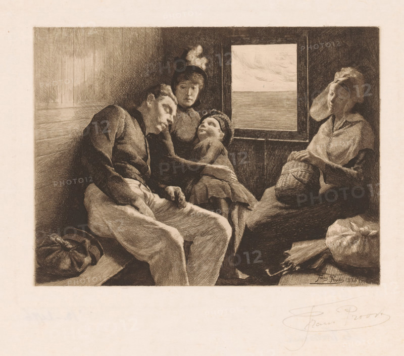 Four people in a third class compartment, print, annotation: 'En troisième', printmaker: Frans Proost (signed by artist), 1888, paper, etching, drypoint, intaglio printmaking technique, height 195 mm x width 256 mm, passenger train, the family traveling, on holiday, A monochrome etching shows four seated figures inside a compartment with a window; a sleeping man leans forward with his head tilted and eyes closed, a young woman beside him looks down with a neutral expression, a child in the woman's lap gazes upward while wearing a cap, and another woman on the opposite side sits with hands clasped over a woven bundle and head slightly bowed. The window behind them reveals a flat horizon and a sky with wispy clouds, and the interior surfaces are rendered with dense crosshatching and textured shading.