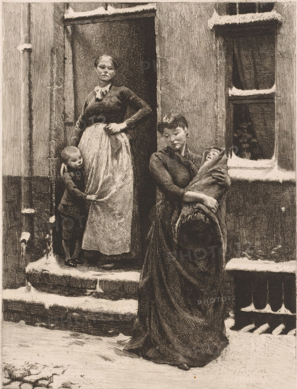 Two women with children at a doorway, print, Illustration for the fable 'The Cricket and the Ant'., annotation: 'III B', printmaker: Frans Proost (signed by artist), 1885 - 1913, paper, etching, drypoint, intaglio printmaking technique, height 322 mm x width 235 mm, mother and baby or young child, open door, A monochrome scene showing two women and two children on the stoop of a building, with one woman standing in a doorway wearing a long skirt and apron and a blouse with a bow at the neck, her hand on her hip and a young child clinging to her skirt, and another woman standing in front of the doorway dressed in a long dress and holding a bundled infant while cradling a hat, the building façade behind them featuring a tall window and textured walls, and traces of snow on the steps and window ledges.