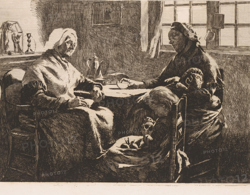 Mother with two children visiting grandmother, print, printmaker: Frans Proost, 1885 - 1913, paper, etching, drypoint, intaglio printmaking technique, height 235 mm x width 318 mm, three generations (family group), A monochrome etching shows an interior scene with three seated figures around a table. Two older women face each other across the table, one on the left wrapped in a shawl and the other on the right wearing a headscarf, each with solemn facial expressions. A younger figure sits with head bowed in the foreground, leaning against the chair. On the table are a bowl and a pitcher, and a small cup is held by the woman on the right. A window with panes and a curtain is visible behind the right woman, and a ledge with a candlestick and a small covered object appears behind the left woman. Crosshatched shading and fine line work define clothing folds, furniture, and the textured walls.
