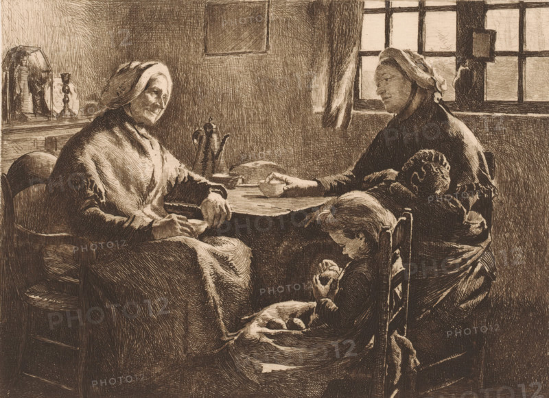 Mother with two children visiting grandmother, print, workshop stamp: 'Antwerp Etsers 1880', printmaker: Frans Proost (signed by artist), 1885 - 1913, paper, etching, drypoint, intaglio printmaking technique, height 235 mm x width 318 mm, three generations (family group), A sepia-toned drawing shows an interior scene with three seated figures around a round table near a window; two older women wearing head coverings sit opposite each other holding small bowls while a child sits at the near side of the table looking down at something in their hands. The room contains a window with panes and a curtain, a tall pitcher on the table, a chair with a carved back, and a shelf or sideboard with a candlestick and a covered object. The lighting emphasizes the faces and folds of the clothing, and the image is rendered with fine, closely drawn lines throughout.