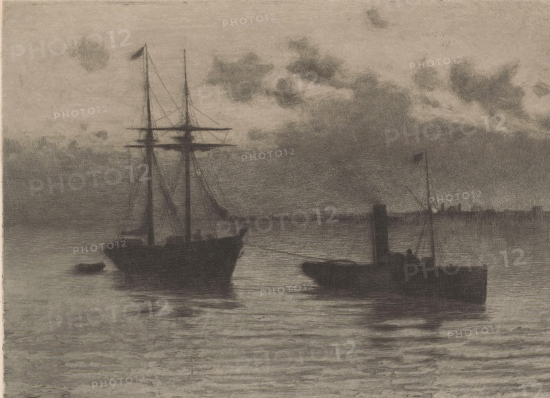 Crépuscule sur l'Escaut, Scheldt at twilight, print, printmaker: Frans Proost, 1893, Frans Proost, printmaker, paper, etching, drypoint, intaglio printmaking technique, height 208 mm x width 271 mm, sailing-ship, sailing-boat, river, steamship, motorship, A grayscale scene of a calm waterfront showing two large sailing vessels silhouetted against a cloudy sky, one vessel with tall masts and rigging on the left and another with a smokestack and a small flag on the right, smaller boats near them, subtle reflections on the water, and layered clouds filling the upper part of the image.