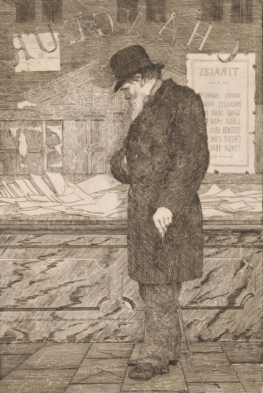 Man looking through the window of a currency exchange office, print, printmaker: Arthur Puls, 1875 - 1913, paper, etching, intaglio printmaking technique, height 306 mm x width 209 mm, An elderly man wearing a dark overcoat and a brimmed hat stands in profile, head bowed, with a long beard and one hand tucked into his coat while the other holds a slender walking cane; he is positioned in front of a counter strewn with folded papers and behind him is a paneled wooden wall with a large framed sheet pinned to it and areas of worn or torn material, all rendered in fine crosshatched lines creating a sepia-toned, etched appearance.