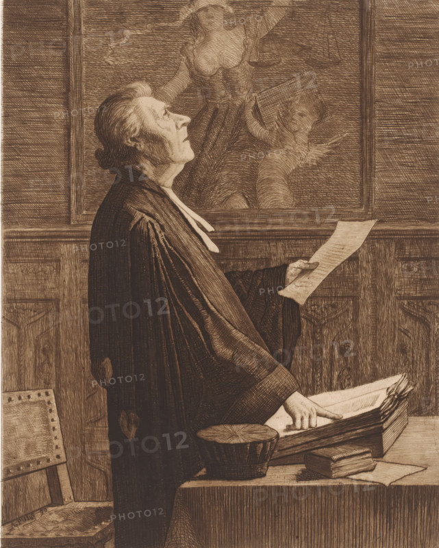 Jurist in court, print, printmaker: Arthur Puls, 1890, paper, etching, drypoint, intaglio printmaking technique, height 278 mm x width 220 mm, An older person in a dark robe stands in profile looking upward, holding a sheet of paper in one hand and resting the other hand on a stack of papers on a table; the person has swept-back hair and a visible collar, and the robe shows folds and subtle worn patches. Behind the person is a framed image of a partially visible figure with an outstretched arm and flowing form, rendered in crosshatched lines. On the table are a round container, a closed book, and a bundle of papers; a studded chair is partially visible to the side. The scene is depicted with fine etched lines and dense crosshatching throughout.