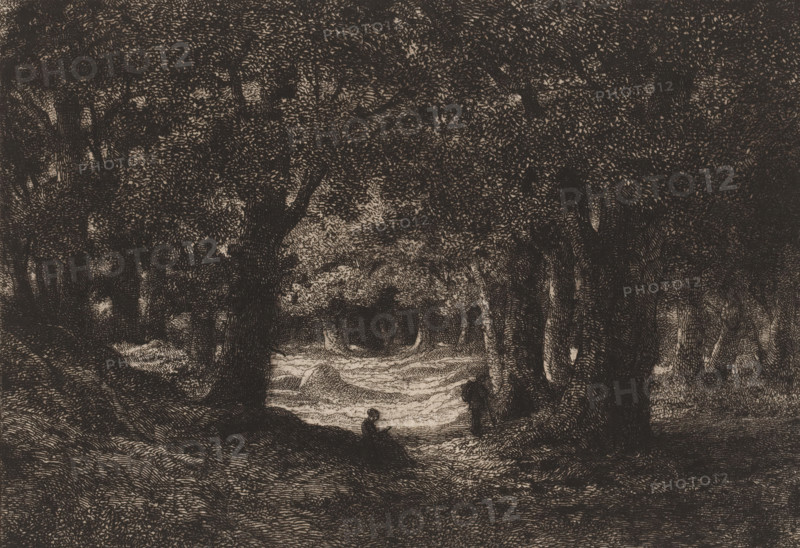 Three figures resting in a forest, print, inscription: 'Epreuve unique', printmaker: attributed to Emile Puttaert, 1839 - 1901, Attributed to, paper, chine collé, etching, intaglio printmaking technique, height 312 mm x width 445 mm, forest, wood, (traveller) resting in the open air, resting - BB - out of doors, A densely shaded scene of a wooded area with large, dark tree trunks and a heavy canopy of leaves filling the upper portion, a lighter clearing or stream running through the center ground, and small human figures near the water’s edge; the foreground shows textured ground and roots, the middle ground features clustered trees framing the lighter central area, and the background recedes into darker foliage, all rendered in fine, closely hatched lines and high-contrast tones.