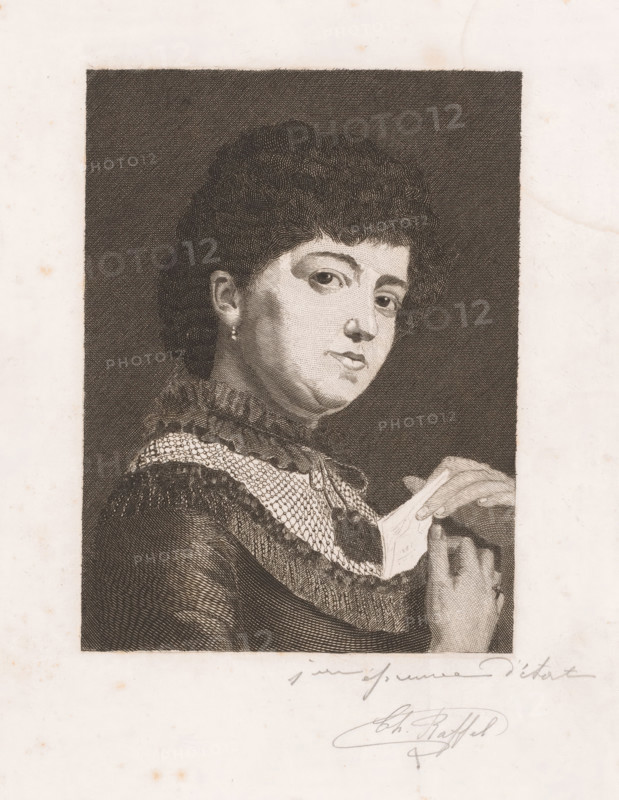 Portrait of an unknown woman with a letter in her hands, print, inscription: '1m epreuve d'etat', printmaker: Charles Raffel (signed by artist), after painting by Eugène Siberdt, 1886, Charles Raffel, Eugène Siberdt, printmaker, after painting by, paper, etching, engraving, height 295 mm x width 200 mm, historical persons, adult woman, letter, envelope, A monochrome engraved portrait of a person shown from the chest up, turned slightly to one side and looking toward the viewer, with short curly hair and a small earring visible on one ear, wearing a garment with a textured patterned collar and a dark outer layer, holding a folded piece of paper between both hands with fingers visible, all set against a dark shaded rectangular background framed by a lighter surrounding margin.