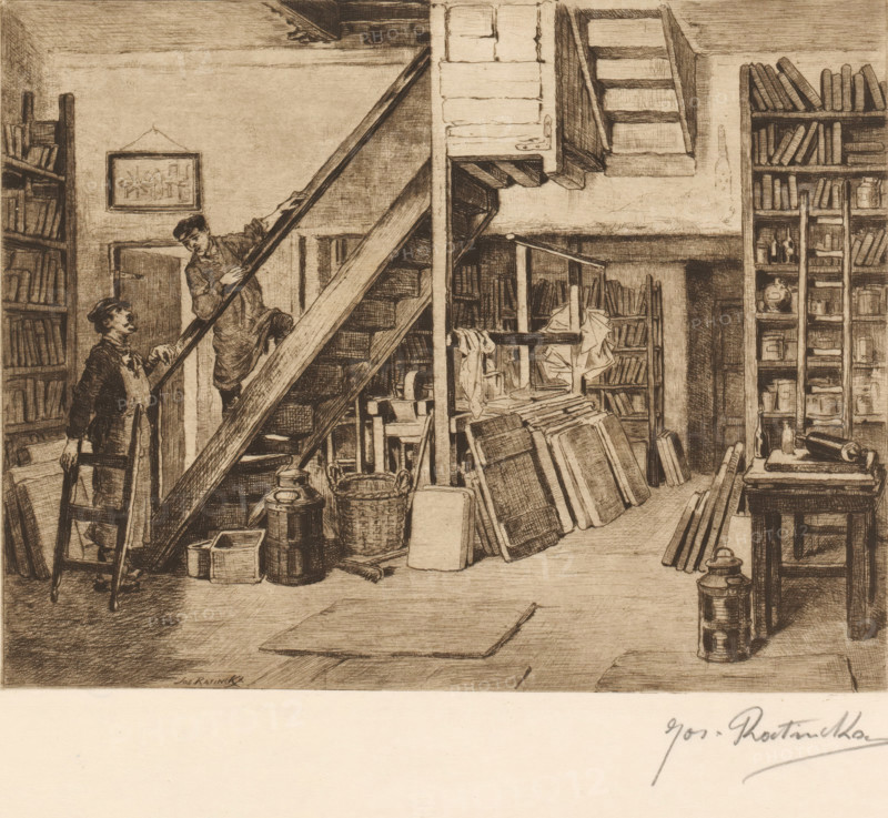 Two men by a staircase in an Antwerp lithographer's workshop, print, mark: 'Antwerpsche Etsers 1880', printmaker: Jos Ratinckx, 1870 - 1913, Jos Ratinckx, printmaker, paper, etching, intaglio printmaking technique, retroussage, height 200 mm x width 257 mm, workshop-interior, artist at work, in his workshop, staircase, lithographer, Antwerp, A sepia-toned interior showing a cluttered room with wooden stairs and beams dominating the center, leaning boards and stacked frames arranged along the floor, tall bookshelves filled with books and objects lining the walls, two men near a ladder and the staircase with one ascending and the other standing below holding the ladder, various containers and baskets on the floor, a worktable with tools and rolled items at one side, hanging cloths and a small boat-like model on a shelf beneath the stairs, and a framed picture on the wall.