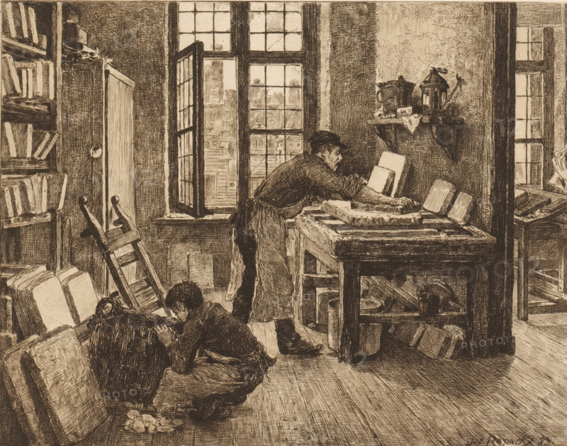 Lithographer at work in his workshop, print, mark: 'Antwerpsche Etsers 1880', printmaker: Jos Ratinckx, 1889, paper, etching, intaglio printmaking technique, height 190 mm x width 240 mm, workshop-interior, artist at work, in his workshop, lithographer, A sepia-toned scene shows an interior workspace with tall paned windows letting light into the room. A standing man wearing a cap and apron leans over a wooden worktable, pressing or handling a rectangular object on the table. Nearby, two seated figures crouch on the floor among stacks of large rectangular boards or sheets, one bending forward as if working with the pile. Shelves filled with stacked books or similar rectangular items line the left wall, and a ladder leans against the shelving. Various tools and containers rest on a small wall shelf above the worktable, and additional boards and objects are stored beneath the table. The floor is wooden, and the overall image is rich in crosshatched shading and fine linework.