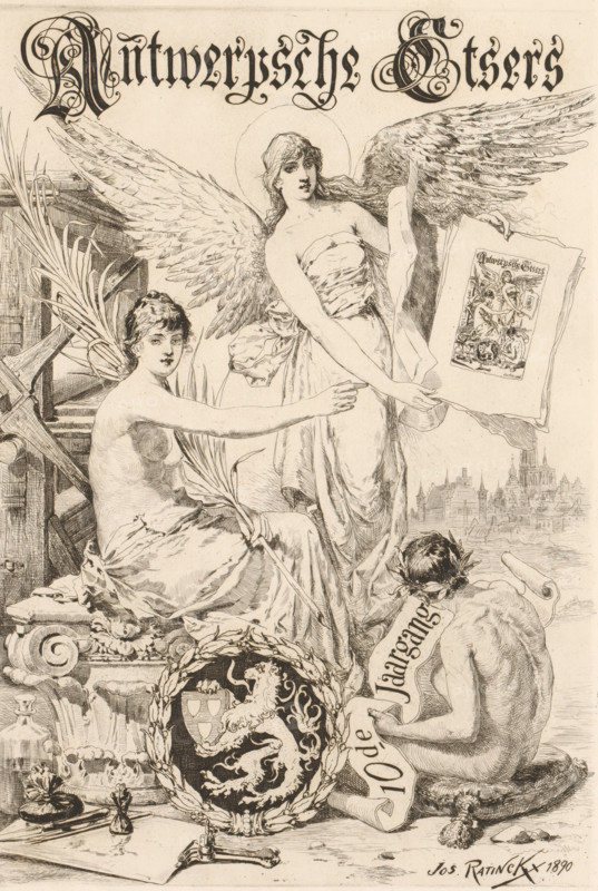 Allegorical figure with wings showing prints amidst graphic attributes, Antwerp Etchers, 10th year, Album der Antwerpsche Etsers 1890, print, The print shown is a reduced representation of the print itself. The coat of arms in the center bottom refers to the Antwerp St. Luke's Guild. On the right in the background a view of Antwerp., inscription: '1st state', printmaker: Jos Ratinckx, 1890, Jos Ratinckx, printmaker, paper, etching, height 312 mm x width 213 mm, A later state of this print is probably intended as the title print for: Album der Antwerpsche Etsers. Sl: Vereeniging der Antwerpsche Etsers, 1890., tools, implements of graphic artist, the graphic arts, fabulous beings with wings - AA - female human figure, Antwerp, A detailed sepia-toned illustration shows three human figures and various decorative objects. A central standing female figure with large feathered wings and draped clothing holds an open book or sheet with an illustrated page visible; she has long hair and a halo-...