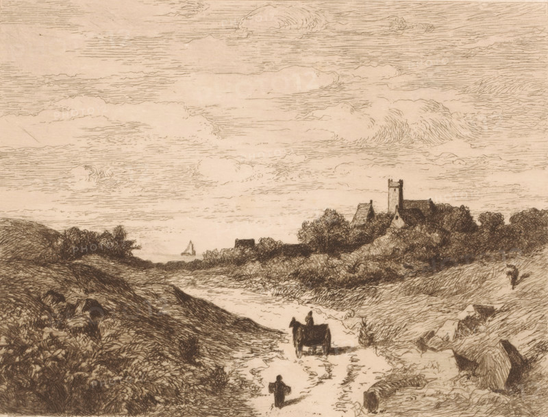 Landscape with figure and carriage on a road towards a body of water, print, mark: 'Antwerpsche Etsers 1880', printmaker: Emilie Rolin-Jacquemijns, 1852 - 1906, paper, etching, intaglio printmaking technique, retroussage, roulette, height 221 mm x width 280 mm, The island in the background is possibly Mont Saint-Michel., island, landscapes with waters, waterscapes, seascapes (in the temperate zone), two-wheeled vehicle drawn by one animal, A sepia-toned landscape sketch showing a wide sky filled with horizontal, wispy clouds above a distant shoreline where a small sailboat is visible; below the sky, a cluster of buildings including a tower and pitched roofs sits among trees and shrubbery on a rise; in the foreground a winding, rutted path runs between grassy, rocky banks with a horse-drawn cart moving away along the path and a solitary figure walking toward the viewer, surrounded by textured vegetation and scattered rocks.