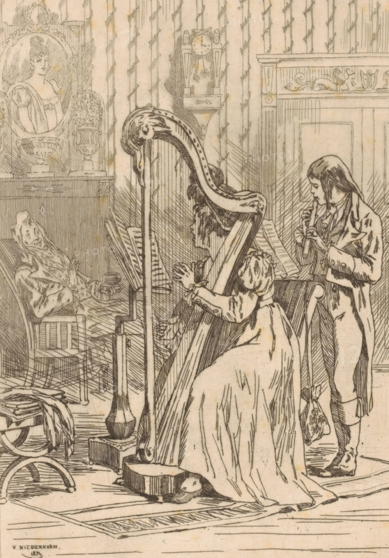 Duet of a harpist and a flutist, L'ariette, print, printmaker: Félicien Rops, 1874, Félicien Rops, printmaker, paper, etching, intaglio printmaking technique, height 290 mm x width 210 mm, transverse flute, instrumental and vocal music together, harp, A finely detailed pen-and-ink scene shows an interior with a large ornate harp occupying the center, a seated woman facing away with her hands on the strings, and a standing young man to the right playing a flute while holding a small bag. Behind the harp a child leans forward over sheet music on a stand. To the left an older man reclines in a chair with a relaxed posture and a small table beside him. The room features patterned wallpaper, a clock mounted on the wall, decorative moldings above a fireplace, framed portraits and vases on a mantel, and scattered furnishings including rugs and a small stool. The figures wear historical clothing with flowing coats, long skirts, and detailed hair styles, and the drawing uses fine crosshatching ...