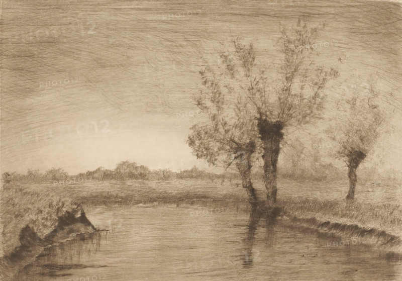 Landscape with three willows along a brook, print, printmaker: Henri Rul, 1872 - 1913, paper, etching, intaglio printmaking technique, drypoint, height 195 mm x width 256 mm, brook, trees: willow, A sepia-toned sketch of a riverside scene with a wide sky textured by crosshatched lines, a calm stretch of water running across the lower half, and clusterings of brush and low vegetation along the banks; several tall, slender trees with sparse, wispy foliage rise near the right center, their trunks and reflected shapes rendered in darker, denser strokes, while distant treelines and low shrubs form a faded horizon across the middle ground.