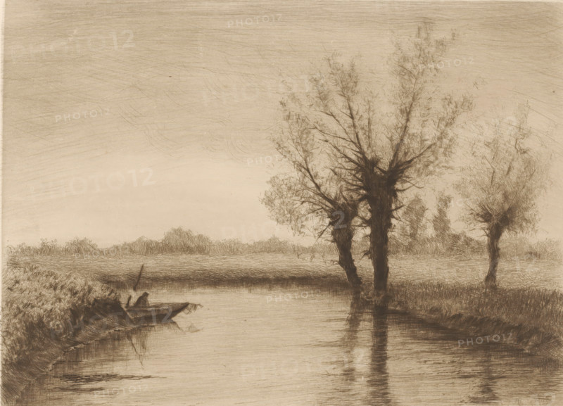 Landscape with three willows along a brook and a fishing boat on the water, print, printmaker: Henri Rul, 1872 - 1913, paper, etching, intaglio printmaking technique, drypoint, height 199 mm x width 255 mm, brook, trees: willow, A sepia-toned scene showing a calm river with reflections in the water, tall trees with textured trunks and wispy branches along the near bank, distant low vegetation along the far bank, a small boat near the left bank with two silhouetted figures seated inside, and a softly shaded sky with fine crosshatched lines.