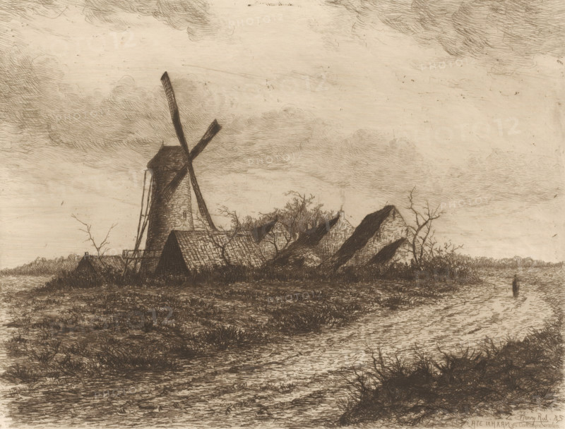 Landscape with the Cathelijne windmill and houses, Cathelijne windmill, print, printmaker: Henri Rul, 1885, paper, etching, intaglio printmaking technique, retroussage, height 200 mm x width 260 mm, windmill, village (city(-scape) with figures, staffage), A sepia-toned landscape drawing showing a windmill with large angled sails standing among several low, pitched-roof buildings and sheds, leafless shrubs and grasses in the foreground, a meandering shoreline or water channel on the right with a lone standing post near the water, and a sky filled with layered, textured clouds.