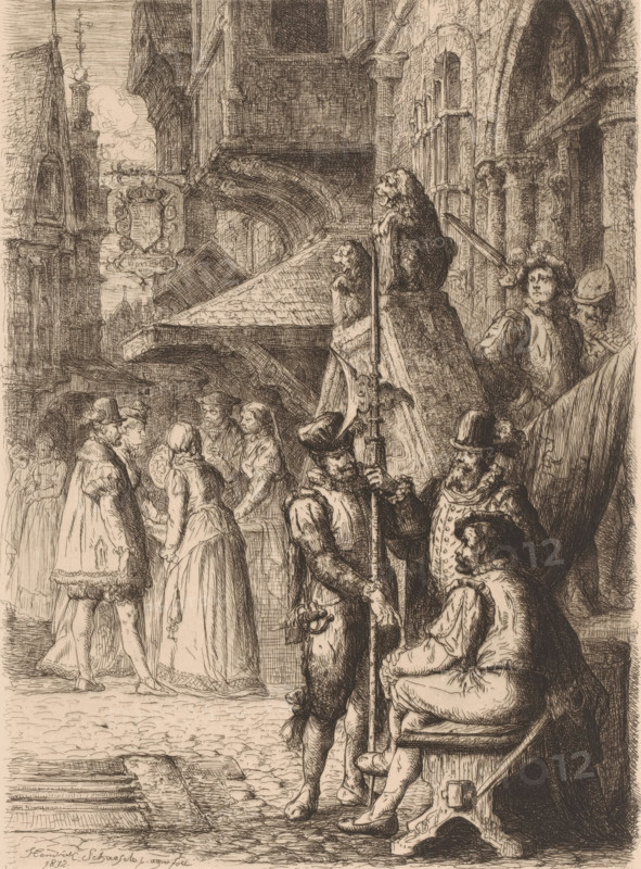 View of a busy street in Antwerp in the sixteenth century, print, printmaker: Henri François Schaefels, 1872, paper, chine collé, etching, intaglio printmaking technique, height 257 mm x width 186 mm, city-view in general, 'veduta', street, Antwerp, A detailed ink drawing shows a busy stone street scene in front of a large ornate building with arches, columns, and carved architectural details; a group of people in period clothing stand and converse in the foreground, including women in long dresses and men wearing hats and cloaks, some holding staffs or spears; one seated man faces slightly sideways while another man stands in front of him holding a tall pole; above and behind them a carved lion statue sits atop a pedestal by a stairway where a few figures stand or look down; to the left a decorative hanging sign extends from a building and pointed rooftops and spires rise in the background; the ground is cobbled and shadows and fine crosshatching create depth and texture across the sc...