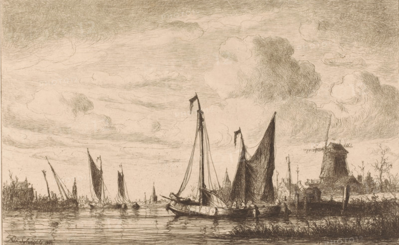 View of Zaandam with boats in the foreground, print, mark: 'Antwerpsche Etsers 1880', printmaker: Henri François Schaefels, 1883, paper, etching, intaglio printmaking technique, height 240 mm x width 360 mm, city-view in general, 'veduta', windmill in landscape, water course (landscape with figures, staffage), Zaanstreek, Zaandam, A sepia-toned etching showing a riverside scene with several sailing vessels moored on calm water, their tall masts and furled sails reflected in gentle ripples, a larger boat in the foreground with dark triangular sails and a smaller craft alongside, a cluster of low buildings and a windmill silhouetted on the right bank, thin grasses and reeds along the water's edge, distant church spires and rooftops on the far shore, and a sky filled with layered, textured clouds rendered with fine, linear strokes.