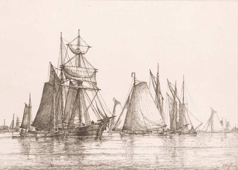 Seascape with sailing ships, print, printmaker: Henri Seghers, 1858 - 1913, paper, etching, intaglio printmaking technique, height 239 mm x width 318 mm, sailing-ship, sailing-boat, sea, A detailed monochrome ink drawing of multiple sailing ships clustered on calm water, showing tall masts, furled and partly unfurled sails, rigging and spars, with reflections on the water surface; the vessels vary in size and sail shape, some with multiple masts and complex crossbeams, others with single large triangular sails, and small figures are visible aboard a few of the boats; the background is left mostly empty, creating negative space above the ships.
