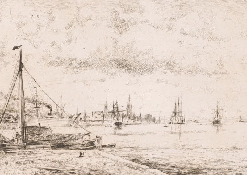Sailing ships on the Scheldt near Antwerp, print, printmaker: Henri Seghers, 1881, paper, etching, intaglio printmaking technique, height 238 mm x width 320 mm, sailing-ship, sailing-boat, prospect of city, town panorama, silhouette of city, river, steamship, motorship, A detailed sepia-toned sketch of a harbor scene showing several sailing vessels with masts and rigging, one larger boat moored in the foreground with a furled sail and a tall mast topped by a small flag, a shoreline with indistinct figures and a pier, distant ships and churchlike spires on the far bank, calm water reflecting some boats, and a sky filled with fine cross-hatched cloud strokes.