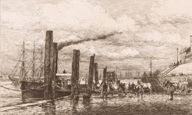 Paddle steamer moored at a quay, print, printmaker: Henri Seghers, 1858 - 1913, paper, etching, drypoint, intaglio printmaking technique, height 235 mm x width 318 mm, pier, quay, wharf, paddle-wheel boat, A riverside scene drawn in fine lines showing a dock with tall wooden pilings rising from the water and a moored steam vessel emitting a dark plume of smoke. A multi-masted sailing ship is visible behind the pilings, its rigging rendered in delicate strokes. Figures stand and walk along the wet cobbled quay, some near horses and carts, others in groups or alone, with reflections of people and objects visible on the wet surface. A sloping embankment and a flight of steps lead up to buildings and a lamppost on the right, while distant masts and structures line the horizon beneath a sky filled with layered, textured clouds.
