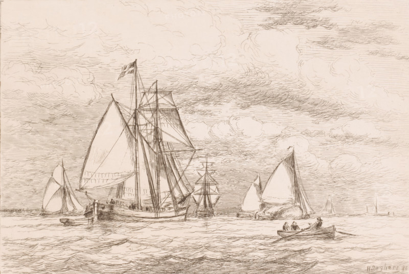 Sailing ships and a rowboat on open water, print, printmaker: Henri Seghers, 1886, paper, etching, intaglio printmaking technique, height 235 mm x width 319 mm, sailing-ship, sailing-boat, rowing facing backward, pulling, A wide seascape sketch showing several sailing vessels of different sizes clustered on calm water under a sky filled with layered, wispy clouds; tall masts, rigging, and unfurled sails dominate the midground with one larger ship in the center and smaller boats nearby, while a small rowboat with three figures is in the foreground on the right and distant shorelines appear along the horizon.