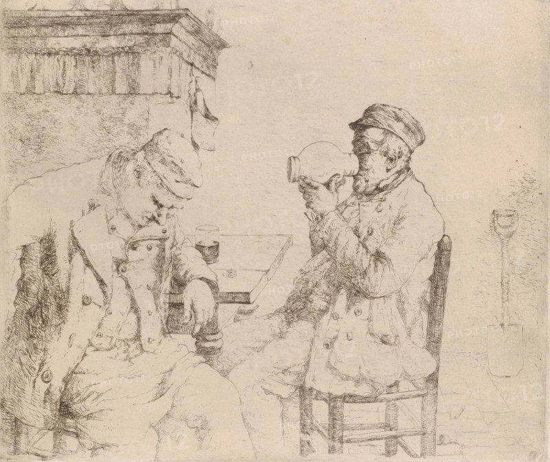 Two men drinking at a table by a fireplace, print, printmaker: Jozef van Snick, 1886 - 1887, paper, etching, intaglio printmaking technique, etching with plate tone, proof, height 235 mm x width 277 mm, drinking, adult man, open hearth, fire-place, dice, A sketch in muted tones shows two seated men at a small table, both wearing caps and layered coats with visible buttons and folds; the man on the right is tilting a large vessel toward his mouth with both hands while the man on the left has his head bowed and one arm resting on the table near a glass, and a small object rests on the table surface; the background includes a textured wall and a ledge with ornamental molding above the men.