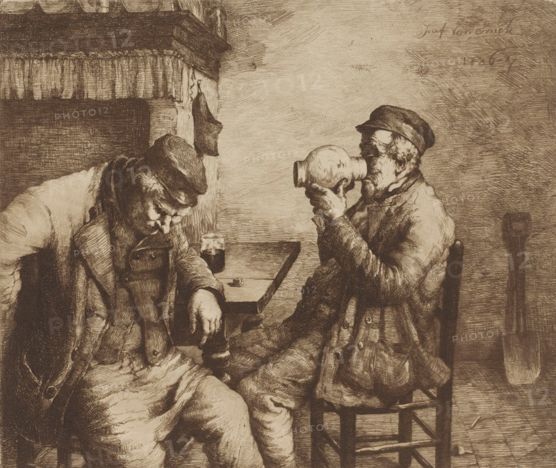 Two men drinking at a table by a fireplace, print, printmaker: Jozef van Snick, 1886 - 1887, paper, etching, intaglio printmaking technique, height 237 mm x width 278 mm, drinking, adult man, open hearth, fire-place, dice, Two seated men in worn coats and caps occupy a simple interior, one man slumped forward with his head bowed and arm resting on a table while the other lifts a jug to his mouth; a small glass sits on the table next to a cube-shaped object, a curtain or mantel with hanging cloth is visible behind them, and a chair with visible slats and legs stands beside the man drinking, all rendered in fine crosshatched lines and sepia tones.