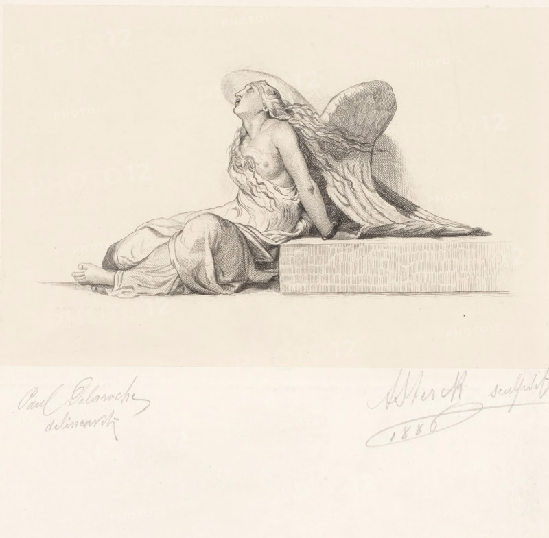 Captivated angel or genius, print, printmaker: Arthur Sterck (signed by artist), after drawing by Paul Delaroche (signed by artist), 1886, paper, chine collé, etching, height 162 mm x width 230 mm, genius, inspiration of the artist (in general), tools, aids, implements, crafts and industries: chain, A detailed pencil or ink drawing of a reclining winged female figure on a rectangular block, shown in profile with her head tilted back and mouth open, long wavy hair flowing behind her, draped fabric covering parts of her body, one arm resting on the block and the other beside her, visible bare foot at the lower left, fine crosshatching and line work defining form and shadow against a plain light background.