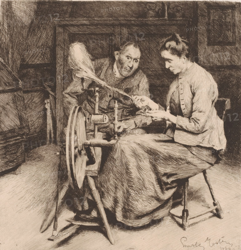 Man and woman by a spinning wheel, print, printmaker: Charles Mertens, 1889, paper, etching, intaglio printmaking technique, etching with plate tone, height 215 mm x width 210 mm, adult woman, adult man, spinning-wheel, interior, representation of a building, A monochrome sketch shows two seated figures beside a spinning wheel; one figure appears older with a lined face and short hair, leaning forward with an intent expression, while the other figure has hair pulled back and looks downward toward their hands; the spinning wheel with its spokes and flyer mechanism is prominent in the foreground, and a long strand of fiber stretches from the wheel toward the figures; both figures wear simple, textured garments with visible folds and stitching, and the scene is set against a paneled background with crosshatched shading.