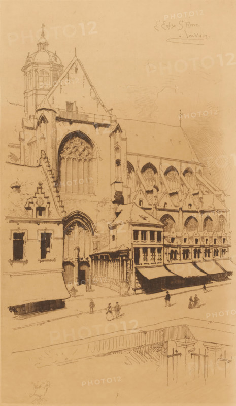 L'eglise St. Pierre à Louvain, View of St. Peter's Church in Leuven, print, printmaker: Louis Titz, 1869 - 1913, paper, etching, intaglio printmaking technique, height 308 mm x width 186 mm, church (exterior), Louvain, St. Peter's Church (Leuven), A sepia-toned architectural drawing of a large Gothic church and adjacent buildings occupying most of the page, showing a tall central façade with a pointed gable, a large ornate arched window with tracery, buttresses, and a domed tower rising behind the left side; attached aisles with pointed arch windows and decorative stonework extend to the right, while lower street-level buildings with pitched roofs, awnings, and multi-pane windows line the front. Several small figures walk or stand on the street in front of the buildings, and a railing and vertical supports appear in the lower foreground as part of a stepped or recessed area. The drawing is rendered in fine ink lines with hatching and sparse shading on a textured beige background.