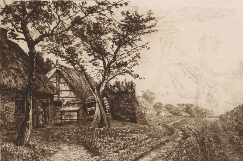 Landscape with farmhouses and mill, print, annotation: '2nd State, March 19, 1883', printmaker: Jerôme Tuyttens, 1883-03-19, paper, etching, drypoint, intaglio printmaking technique, height 225 mm x width 315 mm, A sepia-toned sketch depicts a rural scene with thatched cottages partially obscured by tall, leafy trees in the foreground, a dirt path curving past grassy banks and leading toward smaller buildings in the distance, a figure standing near the doorway of one cottage, wooden fences and stacked materials beside the structures, dense foliage and bushes along the roadside, and the sky rendered with light, sketchy lines.