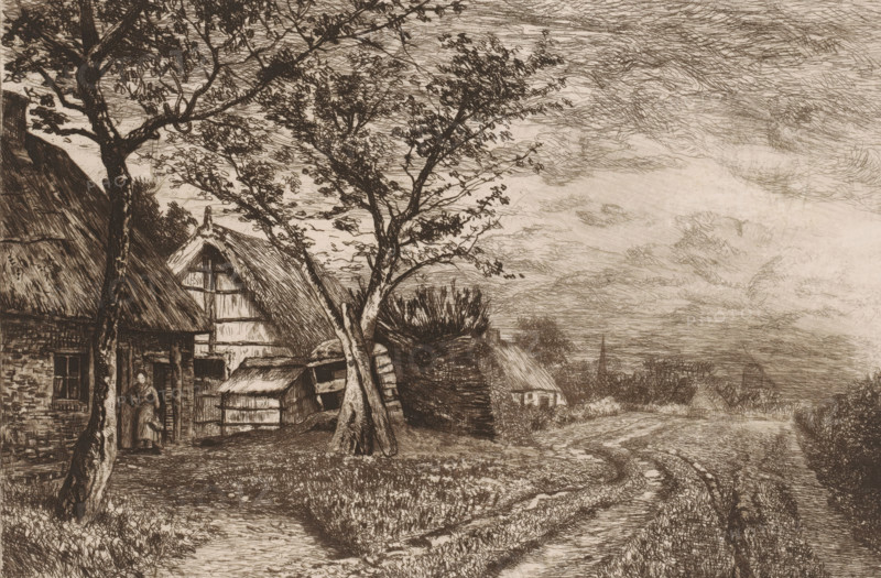 Landscape with farms and mill, print, annotation: '3emè Etàt, 28 mars 1883', printmaker: Jerôme Tuyttens (signed by artist), 1883-03-28, paper, etching, drypoint, intaglio printmaking technique, height 227 mm x width 315 mm, A detailed sepia-toned etching shows a rural scene with thatched-roof cottages and a dirt road. In the foreground a pair of trees with slender trunks and leafy branches stand near a cottage whose textured stone walls and small windows are visible. A figure in simple clothing stands in a doorway beside a low outbuilding and a stack of rough wooden structures. Further back a larger thatched gable faces the viewer and another small cottage sits near the road, which winds away toward a distant landscape with low buildings and a pointed spire. The sky is filled with swirling, crosshatched clouds and the ground and foliage are rendered with dense, linear shading.