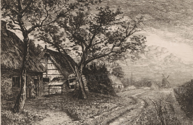 Landscape with farms and mill, print, annotation: '4emè Etât, 31 Mars 1883', printmaker: Jerôme Tuyttens (signed by artist), 1883-03-31, paper, etching, drypoint, intaglio printmaking technique, height 227 mm x width 317 mm, A detailed ink drawing shows a rural scene with a thatched-roof cottage at the left foreground, its doorway partly open with a figure standing inside and a child nearby; adjacent outbuildings and stacked wooden crates or pens sit beside the cottage. In front of the buildings, a pair of trees with twisting trunks and dense canopies of leaves extend branches across the composition, their foliage rendered with fine linear strokes. A dirt track curves from the foreground toward the middle distance, bordered by grassy and cultivated ground with low vegetation and furrowed texture. Further back, a smaller thatched building sits near hedgerows and clustered trees, and beyond that a distant landscape of fields and scattered trees stretches to the horizon where a windmill w...