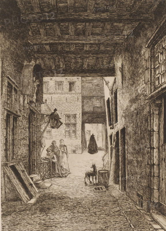 View of a street near the Steen, print, printmaker: Edouard Tyck (signed by artist), in or before 1890-10-04, paper, etching, drypoint, intaglio printmaking technique, height 320 mm x width 236 mm, city-view in general, 'veduta', one person praying, Antwerp, A narrow covered alley with a wooden beamed ceiling and stone walls opens onto a courtyard framed by masonry buildings; a group of women stand near a small ornate railing on the left while a figure in a dark cloak walks through an arched passage in the distance; hanging signs and a lantern project from the left wall above a doorway, and a small dog stands beside a barrel on the right side of the passage; windows with multiple panes line the walls, wooden planks and a tilted door lie against the left wall, and the cobbled floor leads from the foreground into the brighter space beyond.
