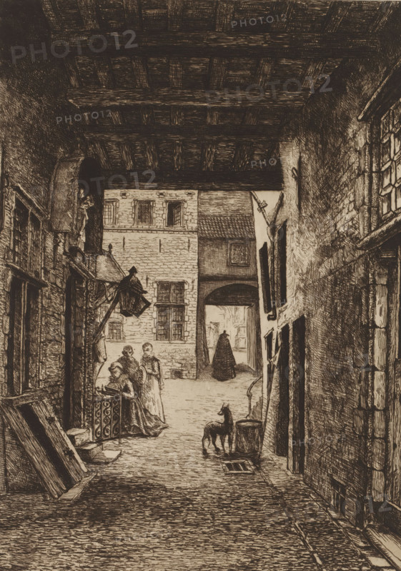 View of a street near the Steen, print, printmaker: Edouard Tyck (signed by artist), 1890-10-04, paper, etching, drypoint, retroussage, intaglio printmaking technique, height 320 mm x width 236 mm, city-view in general, 'veduta', one person praying, Antwerp, A narrow covered alleyway with a beamed ceiling and textured stone walls opens onto a small courtyard framed by multi-paned windows and a tiled roof; a group of women in long dresses stand near a decorative railing while a cloaked figure walks through an arched passage in the distance; a dog stands near a barrel beside the right wall, and various architectural details such as doorways, lanterns, a projecting hood, wooden planks, and window grates are visible along the sides.