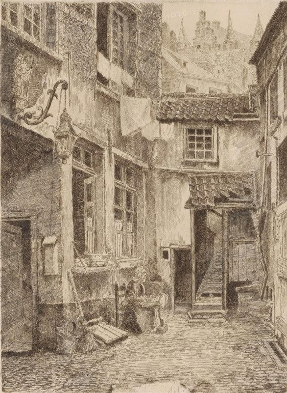 View of a courtyard in Antwerp, print, printmaker: Edouard Tyck, 1888, paper, pencil, etching, drypoint, intaglio printmaking technique, drawing, drypoint and plate tone, worked with pencil, proof print, height 250 mm x width 187 mm, courtyard, city-view in general, 'veduta', Antwerp, A narrow courtyard scene rendered in fine pen lines shows tall, weathered buildings with brick and plaster facades, small paned windows, tiled roofs, and a steep wooden stair leading up from a dark doorway; laundry hangs on a line between the buildings, and a decorative wall lamp projects from a bracket near an ornate carved figure; a seated woman works with fabric at a small table beside a basin and bucket, while various domestic items like a broom, wash tubs, a wooden board, and a pail are arranged along the walls and cobbled ground.