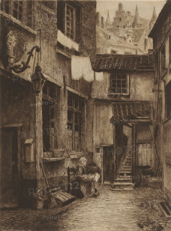 View of a courtyard in Antwerp, print, annotation: 'Vielle cour Anversoise', workshop stamp: 'Antwerpsche Etsers 1880', printmaker: Edouard Tyck (signed by artist), 1888, paper, etching, drypoint, retroussage, intaglio printmaking technique, height 251 mm x width 189 mm, courtyard, city-view in general, 'veduta', Antwerp, A narrow, shaded courtyard enclosed by tall, worn buildings rendered in detailed crosshatching, featuring uneven cobblestone underfoot, a steep wooden staircase leading up beside a tiled overhang, multiple paned windows, and sloped roofs with tiles. Along one wall a decorative bracket supports a hanging lantern, and a carved statue is set into a small alcove. Near the foreground a seated woman wearing a headscarf works at a small table, with a broom, a bucket, and stacked wooden boards nearby. Laundry hangs between buildings, and various doors, beams, pipes, and window ledges add to the closely packed, textured architectural scene.