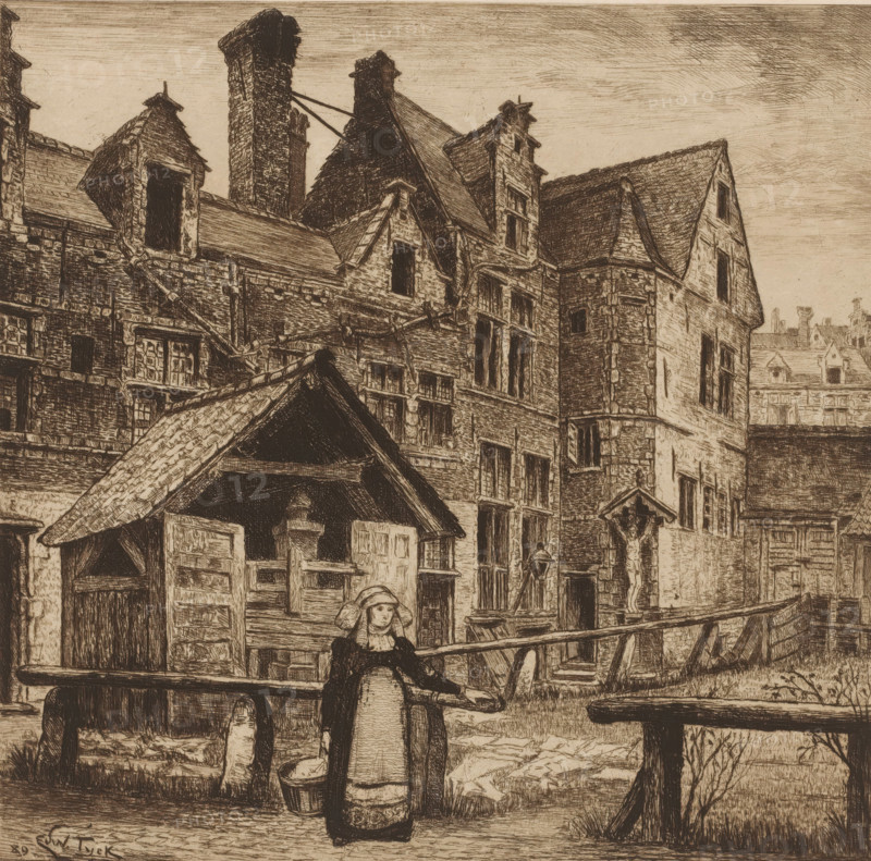 View of the courtyard of the St. Anna Gasthuis, print, annotation: 'L'ancien hospice des dames, rue otto venius Anvers', workshop stamp: 'Antwerpsche Etsers 1880', printmaker: Edouard Tyck (signed by artist), 1889, Edouard Tyck, printmaker, paper, etching, drypoint, intaglio printmaking technique, height 224 mm x width 228 mm, nun(s), hospital, Antwerp, A detailed ink drawing shows a cluster of old stone and timber buildings with steep pitched roofs, dormer windows, chimneys, and visible brick and timber textures, with wooden awnings and beams projecting from the facades; in the foreground a covered wooden structure with a tiled roof stands next to a railing and a gate, and a woman wearing a bonnet and long dress stands near the railing holding a bucket, while additional rooflines and distant buildings appear behind and above the main structures under a textured sky.