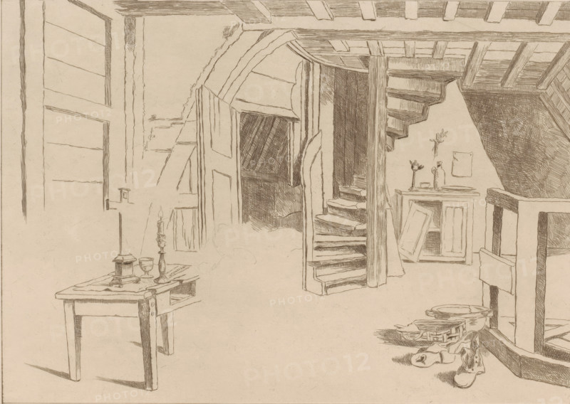 Attic interior, print, Interior of the attic in the Plantin-Moretus house on the Vrijdagmarkt in Antwerp, demolished in 1882., annotation: 'First State', printmaker: Edouard Tyck, 1891, paper, pencil, etching, drypoint, intaglio printmaking technique, drawing, drypoint and plate tone, worked with pencil, proof print, height 236 mm x width 320 mm, attic, loft, Antwerp, Museum Plantin-Moretus, A pencil or ink sketch of an interior showing a rustic room with exposed ceiling beams and a spiral wooden staircase leading upward near a central support post, a partially open door revealing a darkened alcove, a small table in the foreground with a lit candle in a holder and a goblet, a sideboard against the wall holding a candlestick and a bottle, a crucifix mounted on the wall, a framed object leaning against the sideboard, rough paneled walls and floorboards, a fireplace or hearth area with a mantel at right, and a pair of slip-on shoes and a shallow bowl on the floor near a basket of folded c...
