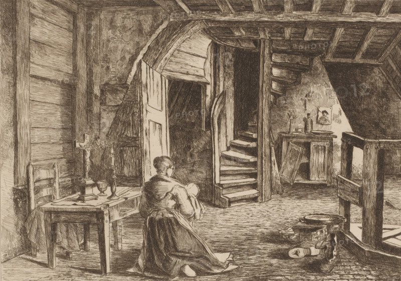 Attic interior, print, Interior of the attic in the Plantin-Moretus house on the Vrijdagmarkt in Antwerp, demolished in 1882., annotation: 'Attic existing in the house, Plantyn-Moretus on the, Vrydasche markt, demolished in 1882.', annotation: 'Second State', printmaker: Edouard Tyck (signed by artist), 1891, paper, etching, drypoint, intaglio printmaking technique, height 236 mm x width 320 mm, attic, loft, Antwerp, Museum Plantin-Moretus, A sepia-toned interior scene rendered in fine cross-hatching shows a room with exposed wooden beams and a winding staircase leading upward; a figure seated on the floor faces away from the viewer, holding a bundle. To the left a table with a cloth holds a candlestick, a chalice, and other small objects, and a simple wooden chair sits beside it. An open doorway with a partially ajar door reveals a dark space beyond and a curved arch above. To the right, a small cabinet topped with bottles and bowls stands against a textured wall with a small framed i...