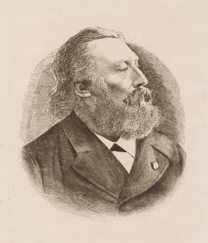 Portrait of Peter Benoît, print, printmaker: Willem Philip van der Veken, 1884, paper, etching, intaglio printmaking technique, height 241 mm x width 180 mm, Person, Peter Benoît, historical persons, adult man, beard, A detailed pen-and-ink portrait shows the head and upper torso of a man in profile facing to the right, with a high forehead, long wavy hair swept back, a full curly beard and mustache, and a visible ear. He is wearing a dark suit jacket with wide lapels over a shirt and a dark tie, and a round pin or button on the jacket lapel. Fine crosshatching and line work create shading around the face, hair, and clothing, and a textured halo of short lines surrounds the head against a plain, light background.