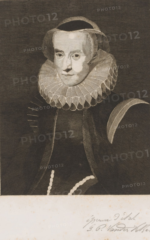 Portrait of an unknown woman, print, inscription: 'Épreuve d'état', printmaker: Willem Philip van der Veken (signed by artist), after design by Peter Paul Rubens, 1873 - 1899, Willem Philip van der Veken, Peter Paul Rubens, printmaker, after design by, paper, engraving, etching, height 298 mm x width 228 mm, historical persons, adult woman, neck-gear: collar, A monochrome engraved portrait of a person shown from the torso up wearing a dark garment with a large, ornate pleated ruff collar and a coif or headdress framing the face, the face rendered with subtle shading and a composed expression, eyes looking slightly to one side, rounded cheeks, and a small mouth; the shoulders are covered by a voluminous dark cloak with patterned texture and a rounded decorative shoulder element, and a beaded or braided ornamental cord drapes across the lower garment; the background is a textured dark field, and a light margin with faint scribbled marks appears at the bottom.