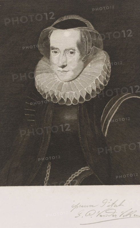 Portrait of an unknown woman, print, printmaker: Willem Philip van der Veken (signed by artist), after design by Peter Paul Rubens, 1873 - 1899, paper, engraving, etching, height 298 mm x width 230 mm, historical persons, adult woman, neck-gear, clothing, A monochrome engraved portrait of a person shown from the chest upward wearing a high, pleated ruff collar and a dark garment with rounded, padded shoulders and decorative stitching. The person's face is pale with short hair partially covered by a close-fitting cap, with a calm, neutral expression and eyes looking forward. The ruff is detailed with repeated curved folds and the clothing shows fine linear shading and patterned textures. A short chain is visible across the lower chest area. The background is a dark, evenly textured field, and a light margin appears at the bottom with a partially visible cursive inscription.