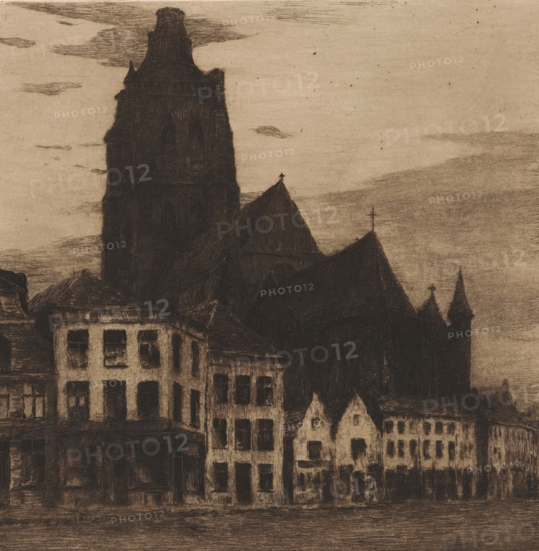 View of the Saint Walburga Church in Oudenaarde, print, annotation: '1a, 12, 77 in drawn triangle', printmaker: Albert Baertsoen (signed by artist), Belgium, 1876 - 1913, paper, etching, drypoint, intaglio printmaking technique, height 300 mm x width 296 mm, urban housing, church (exterior), Oudenaarde, A sepia-toned ink drawing of a city skyline dominated by a tall dark tower with textured shading, adjacent steeply pitched roofs topped with small crosses, and rows of narrow multi-story buildings with recessed windows; the sky is lightly shaded with wispy clouds and the foreground shows a darker horizontal area suggesting a street or riverfront.