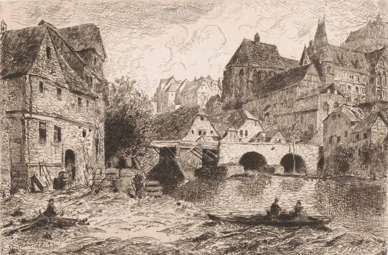 Cityscape with river, print, inscription: 'From 'Radigungen' Weimar 1885', printmaker: Theodor Hagen, publisher: Weimarer Radierverein, Weimar, 1885, Thuringia, paper, chine collé, etching, intaglio printmaking technique, height 161 mm x width 240 mm, Print is part of a group of prints published between 1880 and 1888 by the Gesellschaft für Radierkunst in Weimar., city-view in general, 'veduta', bridge, A detailed pen-and-ink scene shows a riverside village with stone and timber buildings clustered along the water, steep pitched roofs, a prominent arched bridge spanning the river, and reflections in the rippled water. On the near bank are rough stones, wooden beams, barrels, and small boats, one boat with two silhouetted figures seated. Trees and dense foliage appear near the center left, while churchlike structures and tall rooflines rise toward the background. The sky is filled with swirling, hatched cloud patterns, and fine crosshatching and line work define the textures of masonry,...