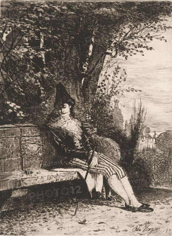 Man dressed as a harlequin, sitting in a park, print, inscription: 'From 'Radierungen' Weimar 1884', printmaker: Edmund Herger, publisher: Weimarer Radierverein, Weimar, 1884, Thüringen, paper, chine collé, etching, intaglio printmaking technique, height 235 mm x width 176 mm, Print is part of a group of prints published between 1880 and 1888 by the Gesellschaft für Radierkunst in Weimar., park, bench, types in 'commedia dell'arte': Harlequin, A seated figure wearing a pointed hat and a coat with a high ruffled collar sits on a stone bench under a large tree, holding a long thin cane and a folded fan resting on the lap; the figure wears striped breeches, stockings, and shoes, and leans slightly with one arm on the bench. Surrounding the figure are dense leaves and branches of the tree, a stone wall and balustrade visible in the background with distant architectural elements and small distant human silhouettes, while fallen leaves and a few scattered objects lie on the ground near the b...