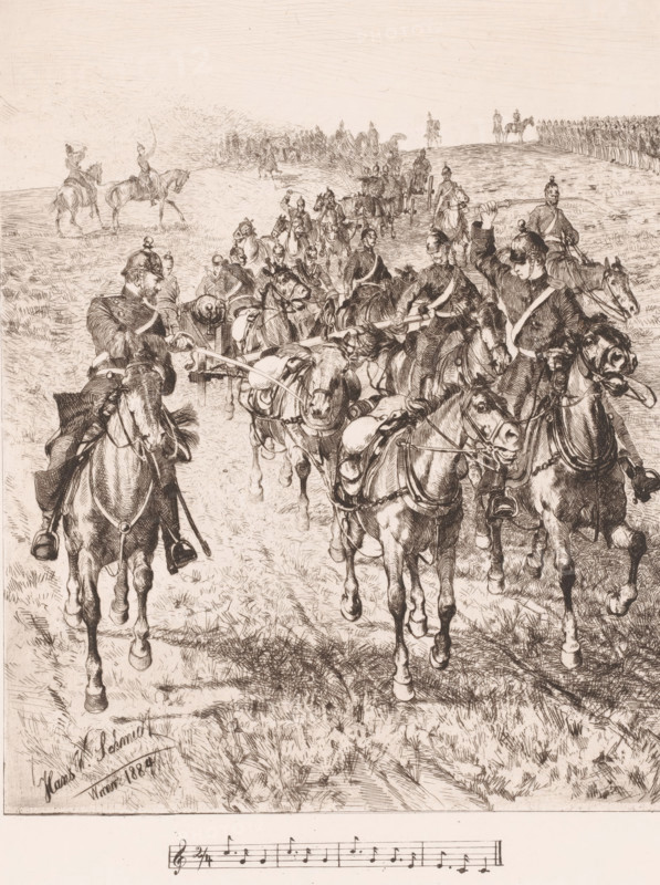 March! March! (Manöverszene), Artillery, print, : 'From 'Radierungen' Weimar 1885 Hans W. Schmidt', printmaker: Hans W. Schmidt, Weimar, publisher: Weimarer Radierverein, 1885, Thuringia, paper, chine collé, etching, height 302 mm x width 220 mm, assembling of military forces, mobilization, troop concentration, A detailed monochrome drawing shows a long column of mounted soldiers and horses moving across a grassy landscape, with riders in uniform and helmets, some holding reins and some carrying long poles or lances; the horses are depicted in various poses with bridles, saddles, and harnesses visible, and several riders sit forward in the foreground while more figures and animals extend into the distance where lines of troops stand along a ridge; the foreground grass is rendered with fine strokes and the overall scene includes clustered groups of riders, a few isolated figures on horseback further back, and a narrow strip at the bottom containing a short musical staff with notes.