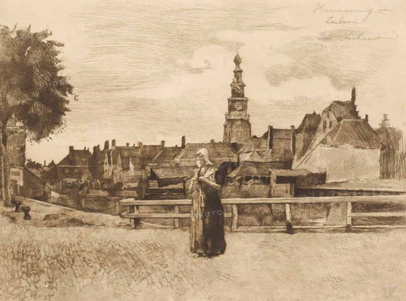 Memory of Zeeland, Woman in Zeeland traditional costume with a view of Vlissingen in the background, print, The church in the background is the St. James Church in Vlissingen., mark: 'Antwerpsche Etsers 1880', printmaker: Piet Verhaert, 1890, paper, etching, intaglio printmaking technique, retroussage, roulette, aquatint, height 240 mm x width 320 mm, adult woman, folk costume, regional costume, prospect of city, town panorama, silhouette of city, Flushing, A sepia-toned sketch of a town scene showing rooftops, chimneys, and a tall ornate tower rising above the buildings, with a sky of fine horizontal hatch marks; in the foreground a woman wearing a long dress and a bonnet stands by a wooden railing or fence, and to the left a large leafy tree frames the scene while low structures and a canal or water edge lie between the foreground and the distant buildings.