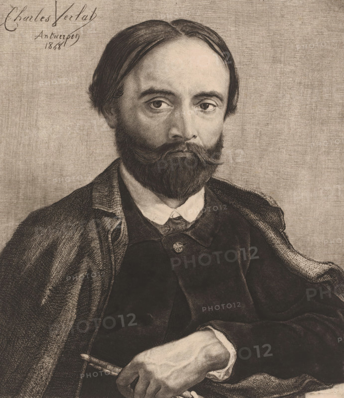 Self-portrait, print, printmaker: Charles Verlat, 1868, paper, chine collé, etching, drypoint, roulette, retroussage, intaglio printmaking technique, height 293 mm x width 254 mm, A detailed monochrome drawing of a seated man shown from the torso up, with straight dark hair parted in the middle, a full beard and mustache, and deep-set eyes looking forward; he wears a collared shirt with a visible buttoned coat and a textured outer garment draped over his shoulders, one hand resting across his lap holding a slender object, and a finely crosshatched background filling the space behind him.
