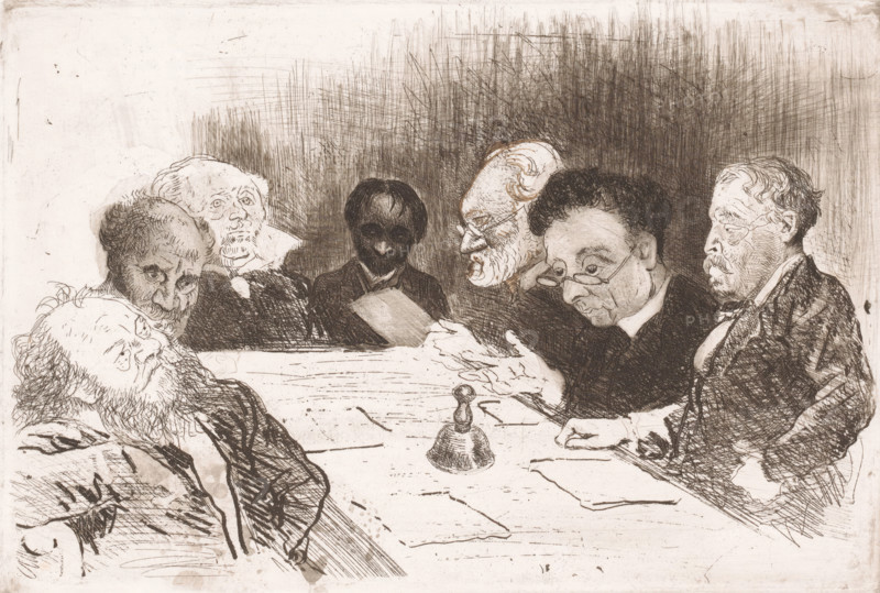 Committee for the Reorganization of the Antwerp Academy, print, Somewhat caricatural portraits of the members of a committee of the Royal Academy of Fine Arts in Antwerp., printmaker: Charles Verlat, 1879, paper, etching, drypoint, retroussage, aquatint, pen in brown, retroussage and aquatint, worked with pen in brown, height 184 mm x width 273 mm, The surnames of the sitters are mentioned on the print (except for the first state). For most, it is clear which person is being referred to; however, with Winter, de Laye, and Wagner, this is not yet the case., Person, Victor Lagye, Jozef Schadde, Théodore Joseph Canneel, Jean Rousseau, historical persons, academy, association of artists, place or institution of education and training of the artist, eg: academy of art, societies and directory boards, A sepia-toned ink drawing shows a group of men seated around a table with a bell in the center; the men have varied facial hair and hairstyles and wear suits, some with glasses, and appear enga...