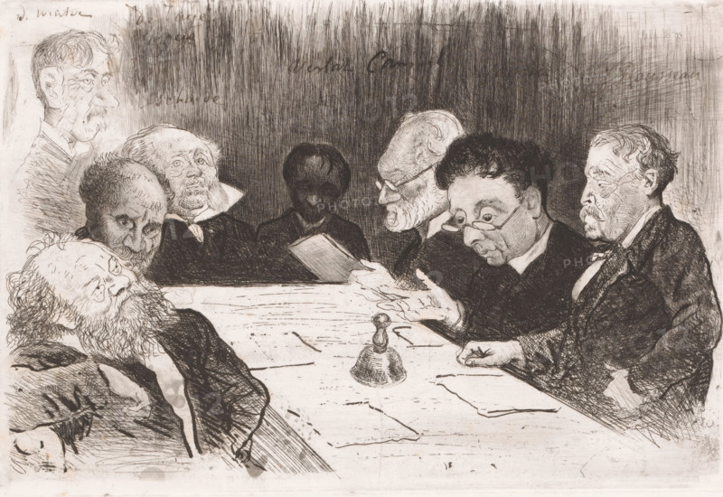 Commission for the reorganization of the Antwerp Academy, print, Somewhat caricatural portraits of the members of a commission of the Royal Academy of Fine Arts in Antwerp., annotation: 'Messieurs les membres dela commission, pour la réorganisation de l'academie, Royale d'Anvers 1879', annotation: '... Winter, de Laye, Lageye, Schadde, Verlat Canneel Wagner J. Rousseau', printmaker: Charles Verlat, 1879, paper, etching, drypoint, retroussage, aquatint, height 185 mm x width 274 mm, The surnames of the sitters are mentioned on the print (except for the first state). For most, it is clear which person is being referred to; however, with Winter, and Wagner, this is not yet the case., Person, Victor Lagye, Jozef Schadde, Théodore Joseph Canneel, Jean Rousseau, historical persons, academy, association of artists, place or institution of education and training of the artist, eg: academy of art, societies and directory boards, A monochrome etching showing a group of seated men around a table;...